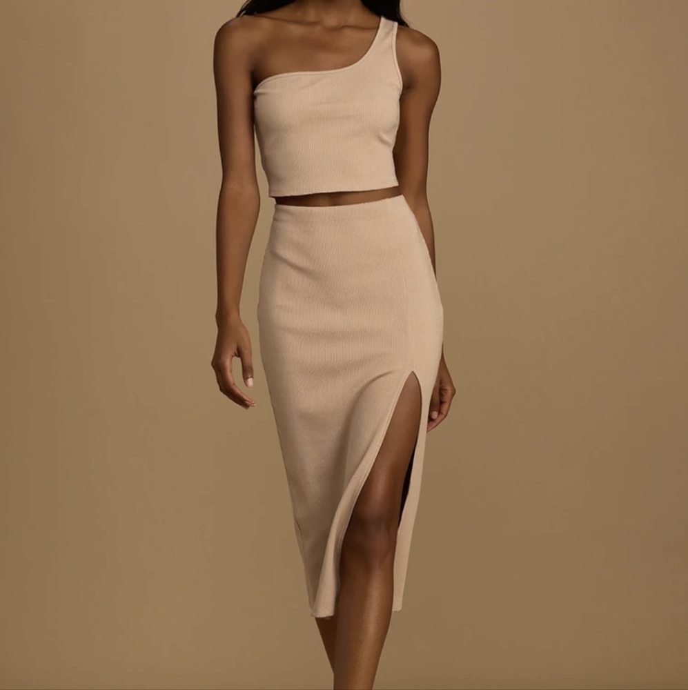 Lulu's Phenomenal Style Tan Ribbed One-Shoulder Two-Piece Midi Dress